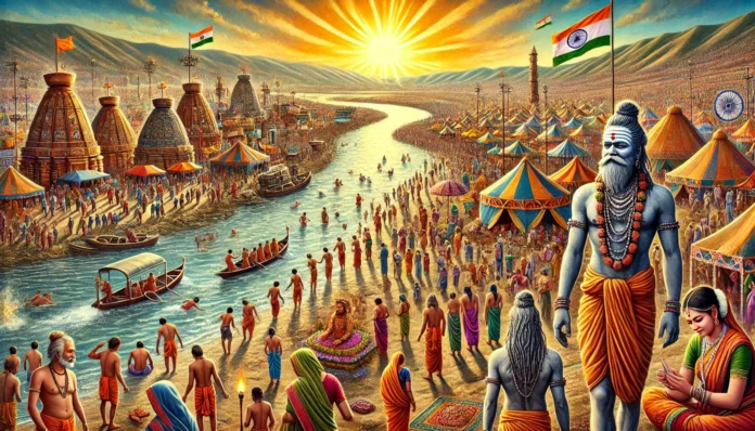 DALL·E 2025-01-27 11.44.31 - A vibrant and detailed depiction of the Mahakumbh Mela, showcasing millions of devotees gathered at the sacred riverbank. The scene includes Naga Sadh Kumbh
